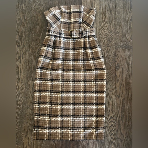 Anthropologie Brown Plaid Strapless Dress with Black Coat - Picture 4 of 16